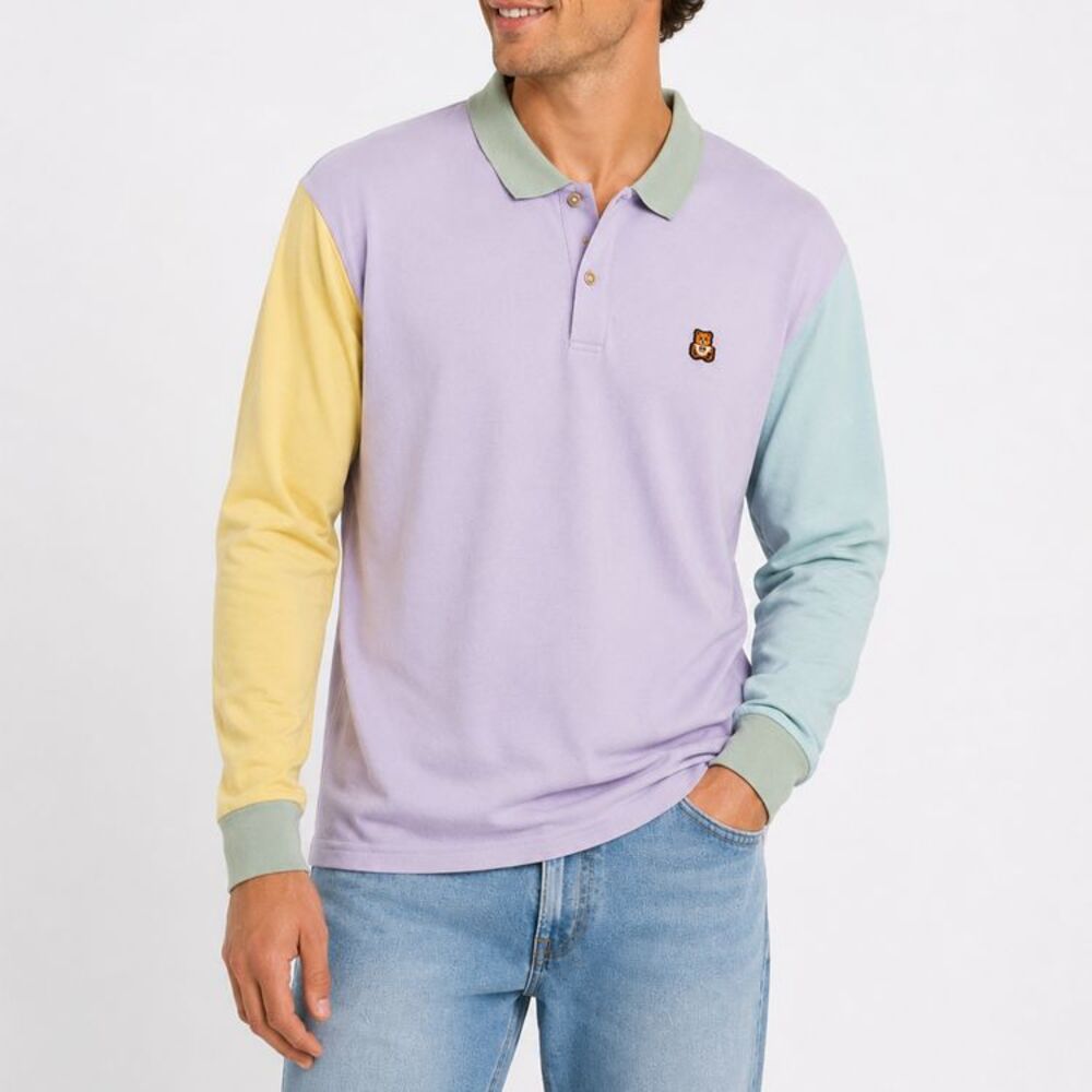 Teddy Fresh Colorblock Polo Shirt Men's Sz L Pastel Long Sleeve Bear Logo Cotton